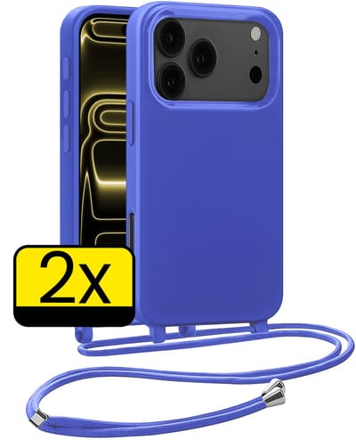Hoesje Geschikt voor iPhone 17 Pro Hoesje Met Koord Siliconen Case - Hoes Geschikt voor iPhone 17 Pro Backcover Met Afneembaar Koord - Felblauw - 2 Stuks