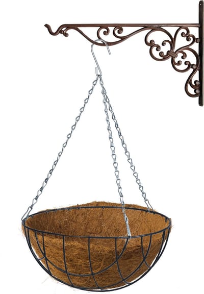 Hanging basket 30 cm met ijzeren muurhaak en kokos inlegvel - Complete hangmand set van gietijzer