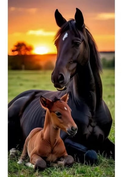 diamond painting paard met veulen kijkt op met luiterend oor . 30 x 50 cm