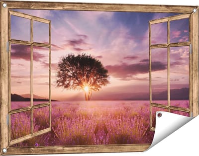 Gards Tuinposter Doorkijk Bloemenveld met Lavendel bij Zonsondergang - 90x60 cm - Tuindoek - Tuindecoratie - Wanddecoratie buiten - Tuinschilderij