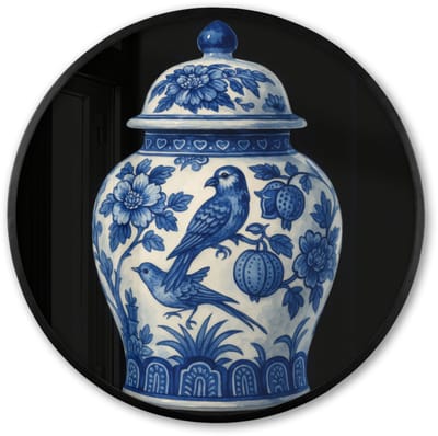 Poster in lijst Rond - Fotolijst 60x60 cm - Posters - Pot - Delfts Blauw - Bloemen - Ronde posterlijst zwart - Decoratie - Wanddecoratie woonkamer - Muurdecoratie slaapkamer