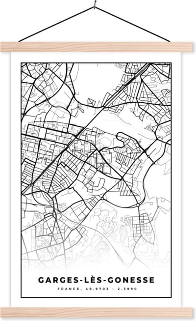 Posterhanger incl. Poster 40x60 cm - Schoolplaat - Stadskaart - Plattegrond - Kaart - Garges-lès-Gonesse - Frankrijk - Zwart wit - Textielposter - Blanke latten - Stadskaart