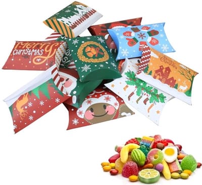 Kerstcadeaudoos 24 Stuks - Kussenvorm - Snoepdoos - Vouwdoos - Cadeauverpakking - Hoogwaardig Papier - 12 x 7,2 x 2,5 cm
