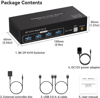 Displayport KVM Switch - 2 PC 2 Monitor Switch - Productiviteit Verhogend - Ondersteunt 8K60Hz 4K120Hz
