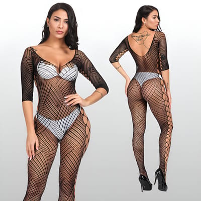LekkerStout Visnet Catsuit met Open Zijkanten - Zwart - Driekwart Mouwen - One Size S-L | LS389