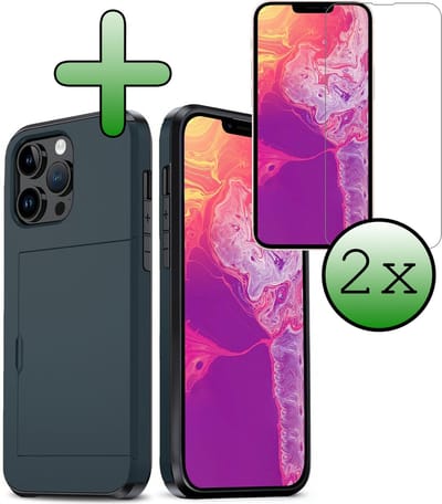 Hoes Geschikt voor iPhone 14 Pro Hoesje Hard Case Met Pas Houder Met 2x Screenprotector - Hoesje Geschikt voor iPhone 14 Pro Hoes Shockproof Hard Cover Met Kaarthouder - Donkerblauw