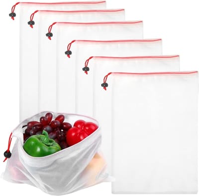 Herbruikbare Mesh Tassen Set van 6, Ideaal voor Fruit en Groenten, Katoenen Netzakken met Trekkoord voor Duurzaam Winkelen en Opslag (43 * 30cm)