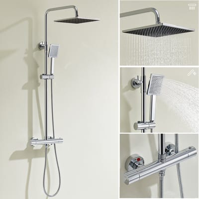 Auralum Max Regendouche met Thermostaatkraan - Doucheset - 10 inch Douchekop - Ø 8.5 cm Handdouche - Regendoucheset - Verstelbare Hoogte 88-124 cm - Wandmontage - Chroom
