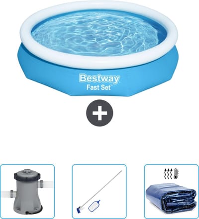Bestway Rond Opblaasbaar Fast Set Zwembad - 305 x 66 cm - Blauw - Inclusief Pomp - Schoonmaakset - Solarzeil