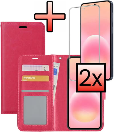 Hoesje - Met 2x Screenprotector - Geschikt voor Samsung Galaxy A57 - Luxe Pasjeshouder - Bookcase Portemonee - Flip Case - Kunstleer Book Case - Flipcase Hoes - Book Cover - Walletcase - Portemonneehoes - Donkerroze