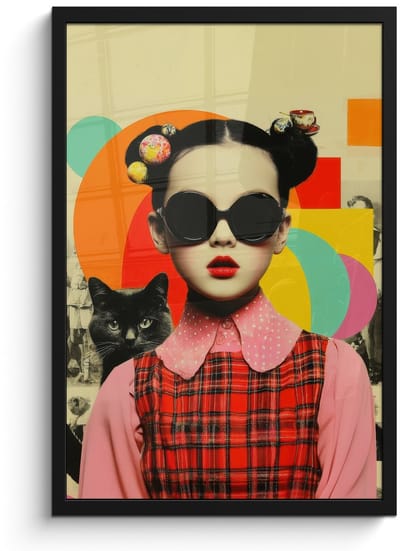 Poster in lijst - Fotolijst 40x60 cm - Posters - Meisje - Zonnebril - Kat - Retro - Posterlijst zwart - Decoratie - Wanddecoratie woonkamer - Muurdecoratie slaapkamer