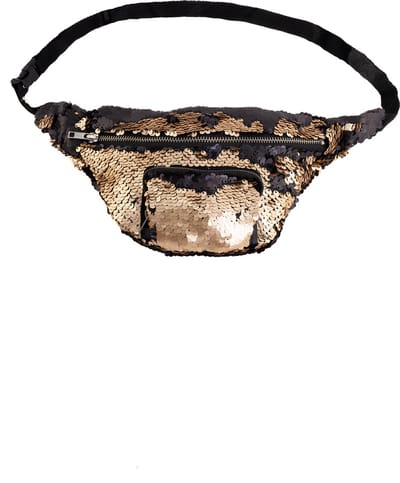 KIMU® Heuptasje Rond Voorvak Pailletten Zwart Goud Heuptas Sequin Tas Mermaid Zeemeermin Tasje Glitter Festival