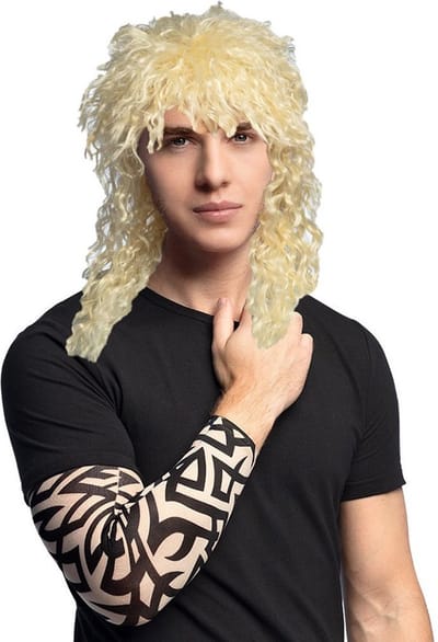 Boland Carnaval Verkleed set Rocker/biker - Heren - pruik in het blond en arm sleeves met tatoeages
