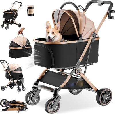 Hondenwagen Inklapbaar - Reisbuggy Kat - Comfortabel Transport - 4-in-1 Functionaliteit - Tot 25 kg - Goud