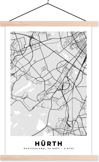 Posterhanger incl. Poster 40x60 cm - Schoolplaat - Stadskaart - Duitsland - Hürth- Kaart - Plattegrond - Textielposter - Blanke latten - Stadskaart