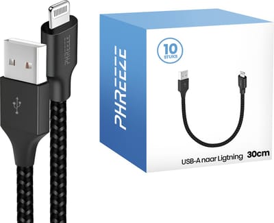 Grootverpakking geschikt voor Lightning usb oplaadkabel - 30cm, 12w, stevig, zwart - Phreeze