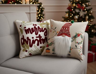 Urbane Hide | Set van 2 Kerst Kussenhoezen | Kussenhoes | Kussenhoesjes | Christmas | 45x45 cm | Katoen | Merry Christmas | Kabouters | Zonder binnenkussen