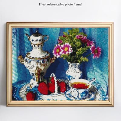 Peinture Diamant DIY Ronde Complète Fleur Et Thé Broderie Diamant Mosaïque Image Plein Affichage 20X30CM blue