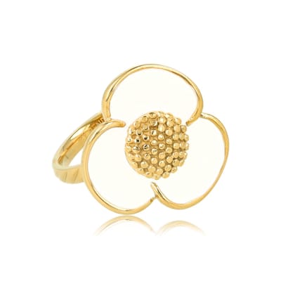 My Bendel - Bloemen Ring met Wit Epoxy - Goudkleurige Bloem Ring - Wit Epoxy - Speelse Stijlvolle Touch - met Luxe Cadeauverpakking | Sieraden Voor Dames | Maat 16.00 Mm / Maat 50
