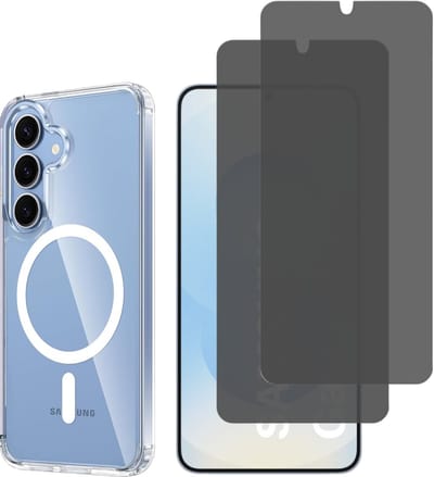 Samsung Galaxy S25 Hoesje backcover Shockproof siliconen Transparant met geïntegreerde magnetische cirkelen 2 stuks Beschermglas Privacy Glas Screenprotector van glazen schermbeschermfolie