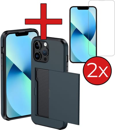 Hoesje Geschikt voor iPhone 14 Pro Hoesje Met Pasjeshouder Hard Case Met Kaarthouder Met 2x Screenprotector - Hoes Geschikt voor iPhone 14 Pro Hoesje Pashouder Case - Donkerblauw