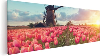 Artaza Canvas Schilderij Tulpenveld - 90x30 cm - Wanddecoratie Molen - Muurdecoratie Nederland - Schilderijen Op Canvas Zonsopgang