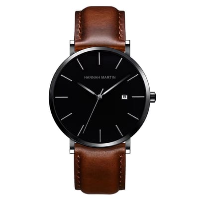 Hannah Martin Heren Horloge Zwart&Bruin | Zwart Plaat | Bruin Lederen Polsband | Goudkleurig Wijzers | Heren Horloges | Horloges