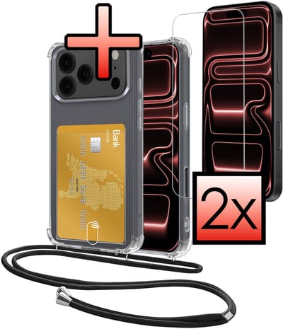 Hoes Geschikt voor Apple iPhone 17 Pro Hoesje Pasjeshouder Cover Met Koord Shock Proof Case Siliconen Hoes Met Telefoonkoord en Kaarthouder Met 2x Screenprotector - Transparant