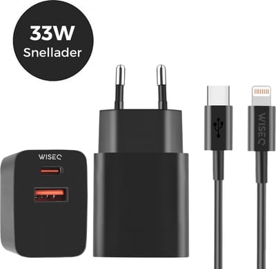 33W Ultra Snellader - Dubbele Snellader USB A & USB C poorten - geschikt voor iPhone 17 / 16 / 15 & MacBooks - geschikt voor Samsung Galaxy - inclusief 1.2 m USB-C naar Lightning kabel - zwart - WiseQ