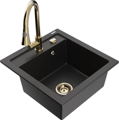 Mexen Vito granieten spoelbak 1-komer met keukenmengkraan Elia, zwart/zilver metallic - 6503-73-670101-50