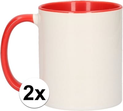 Koffiemok / thee beker - 2x - 300 ml - Wit/rood - Cadeau mokken - keramiek