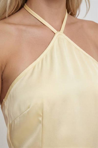 boohoo Dames Satijnen Halterneck Maxi Jurk Met Chiffon Rok | Citroen | Maat: 36