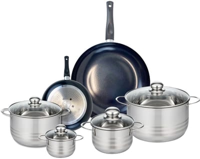 Set van 2 Koekenpannen 20 en 32 cm en 4 kookpotten 12, 16, 20 en 24 cm Elo Prima Brillant