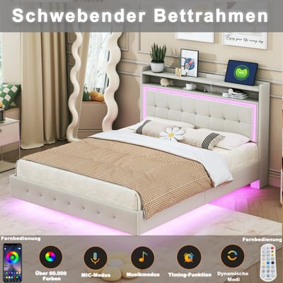 Gestoffeerd bed 140x200cm - met USB-stopcontact en LED-verlichting - verborgen pootontwerp - beige - zonder matras