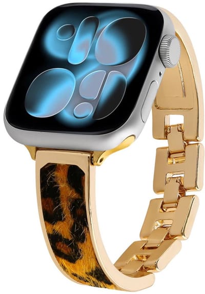RVS bandje met luipaard patroon - geschikt voor Apple Watch 1/2/3/4/5/6/7/8/9/10/11/ SE (1,2,3) met maat 38 mm / 40 mm / 41 mm en 42 mm (Watch 10/11) - luxe schakelbandje - goud geel