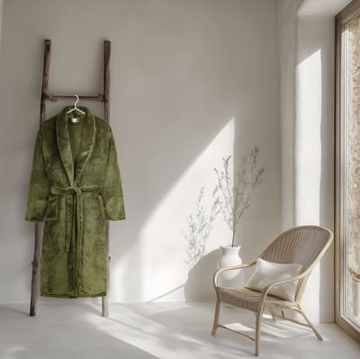 Good Morning badjas effen kleur - XS/S - Olijfgroen - 100% Polyester flanel