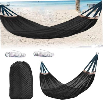Touwhangmat voor buiten – nylon net-kampeerhangmat met Bindtouw en opbergtas – 260*130cm – zwart – Draagbaar en compact opvouwbaar