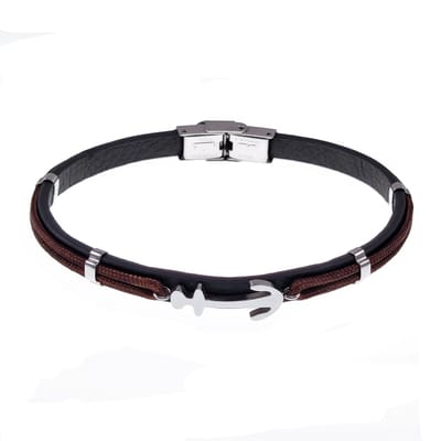 Zwarte/Bruin Armband Heren met Anker - Leren - RVS Zilverkleur