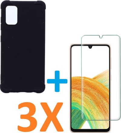 Anti-Shock silicone hoesje zwart met 3 Pack Tempered glas Screen Protector Geschikt voor:  Samsung Galaxy A33 5G