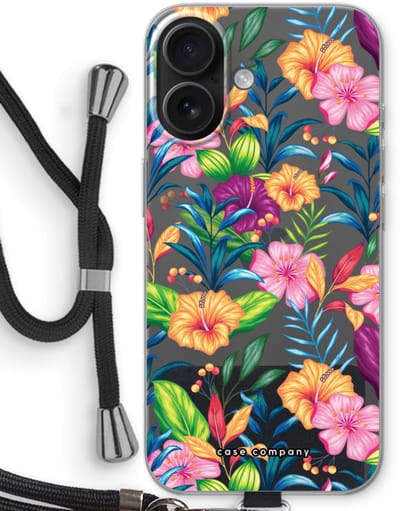 Case Company® - Hoesje met koord geschikt voor iPhone 16 hoesje met Koord - Tropisch 2 - Telefoonhoesje met Zwart Koord - Bescherming aan alle Kanten en Over de Schermrand