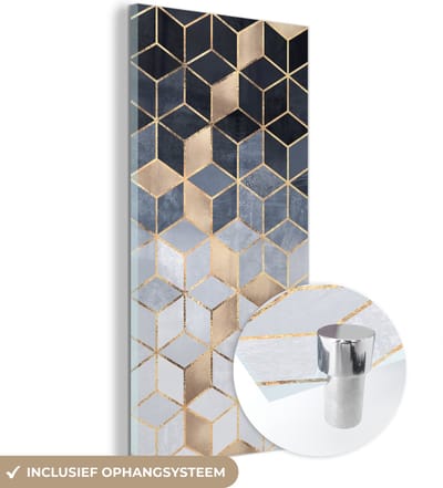 MuchoWow® Glasschilderij 60x120 cm - Schilderij acrylglas - Kubus - Goud - Luxe - Patronen - Foto op glas - Schilderijen