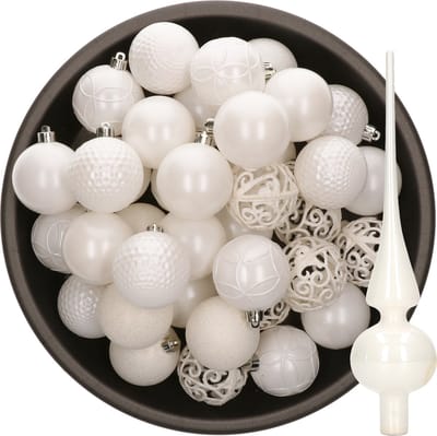 Bellatio Decorations Kerstballen 37x stuks kunststof 6 cm - met glazen piek glans - wit