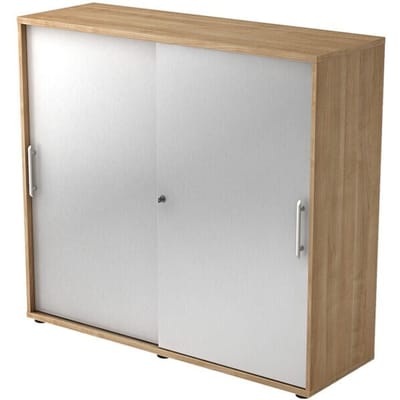 Schuifdeurkast JENA, 3 ordnerhoogten, voorkant zilver, B 1200 x D 400 x H 1100 mm, notenhoutpatroon