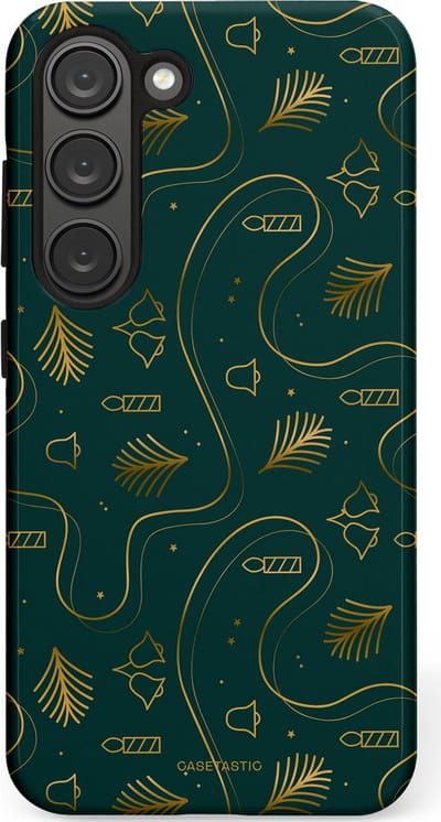 Casetastic hoesje geschikt voor Samsung Galaxy S23 - Dubbellaagse bescherming - Groene kerst bellen en takken - Fashion Case - Donkergroen Donkergrijs Petrol