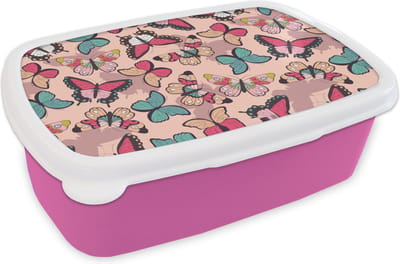 Broodtrommel Roze - Lunchbox - Brooddoos - Vlinder - Roze - Blauw - Design - 18x12x6 cm - Kinderen - Meisje