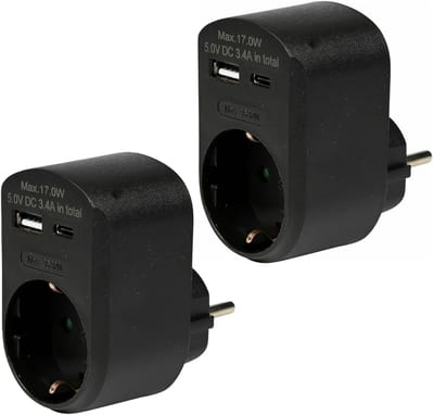 Benson Stopcontact met USB-A en USB-C - 2x stuks - zwart - modern en efficiënt - 16A - 5,0V DC - 3,4A