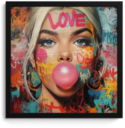 Poster in lijst - Fotolijst 40x40 cm - Posters - Vrouw - Kauwgom - Graffiti - Love - Posterlijst zwart - Decoratie - Wanddecoratie woonkamer - Muurdecoratie slaapkamer