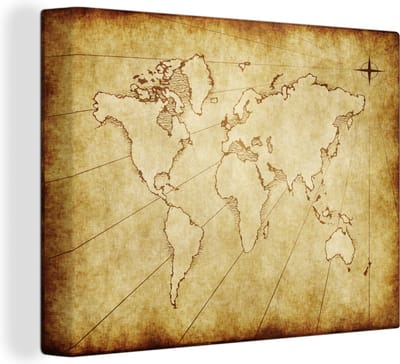 Canvas Wereldkaart - 160x120 - Wanddecoratie Wereldkaart - Vintage - Bruin