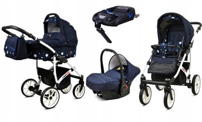BabyLux® Kinderwagen 4in1 – LARGO - NAVY BLUE STAR WHITE FRAME - Opklapbare Wandelwagen incl. Reiswieg, Multifunctionele Buggy Sportstoel, Autostoel, ISOFIX basisstation - Combi-kinderwagen met Luiertas, Regenhoes, Klamboe
