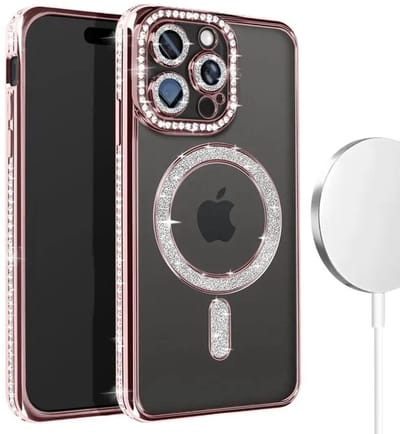 Hoesje met Diamantjes en Glitter Geschikt voor: iPhone 15 - MagSafe Glitter Hoesje - Rosegoud met Diamanten steentjes - Glamour Hoesje